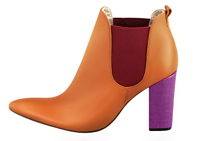 Apricot orange and cardinal red women's ankle boots, with elastics. Tapered toe. Very high block heels. Profile view - Florence KOOIJMAN
